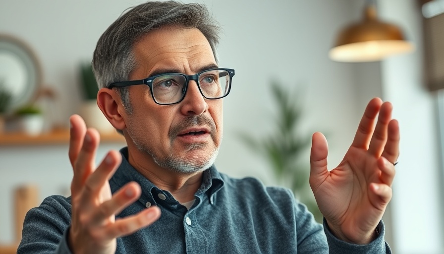 Middle-aged man with glasses discusses healthy eating indoors.