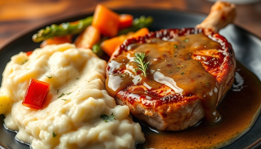 Smothered pork chops recipe with veggies and mashed potatoes.