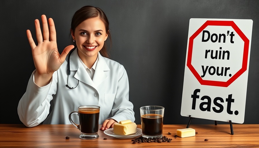 Woman in lab coat signaling stop with coffee and stop sign background, drinks that won't break your fast.