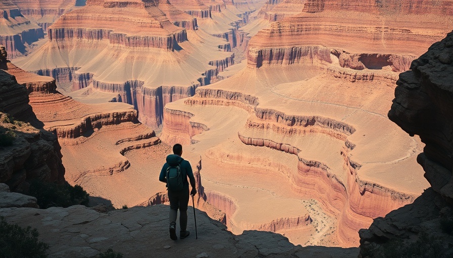 Hiker on Grand Canyon rim to rim hike, dramatic canyon view