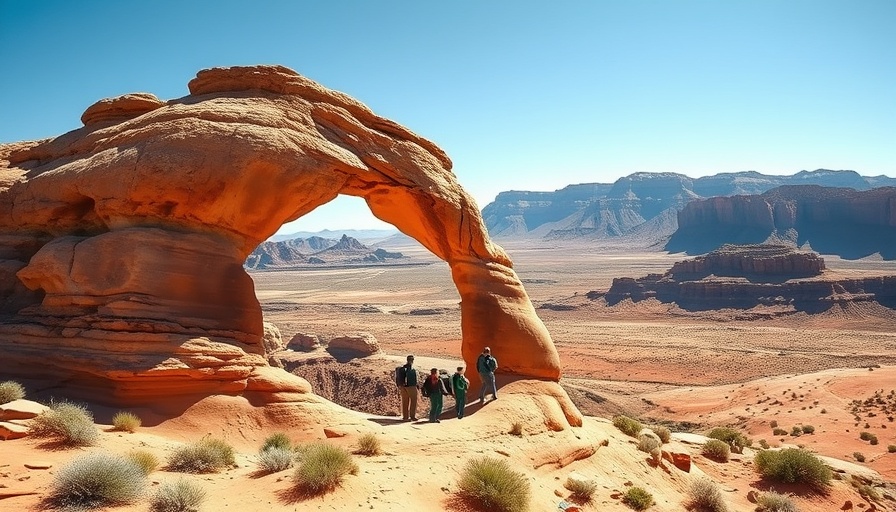 Group hiking near stunning rock arch in desert landscape