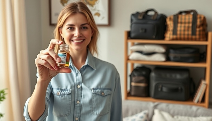 Woman packing medicine for a trip with travel bags in the background.