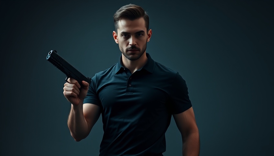 5.11 Tactical Archer Crest Polo, man in dark room holding gun.