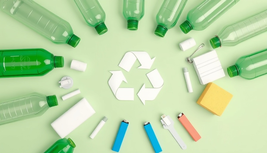 Scattered recycling materials and white recycling symbol on a green background.