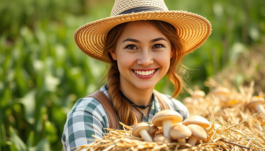 Female farmer promoting grow mushrooms on straw, vibrant agricultural background.