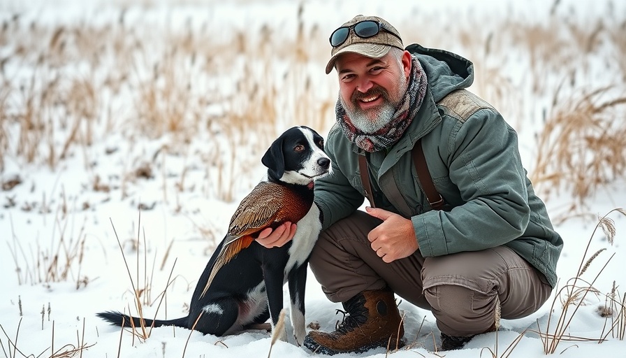 Smiling hunter and dog in snowy field with pheasant