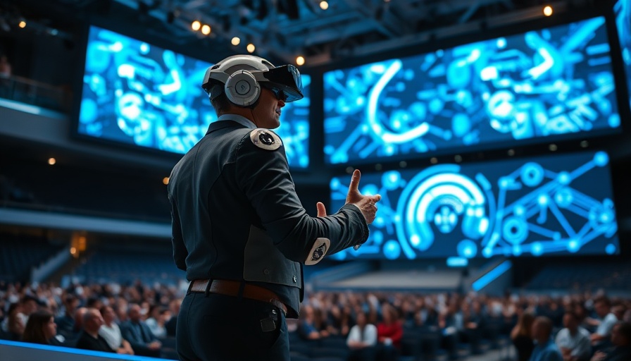 Cinematic presentation of exploding tech trends on stage.