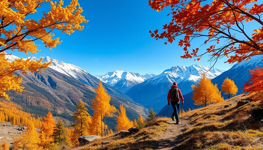 Hiker on Pacific Crest Trail day hike in vibrant autumn landscape.