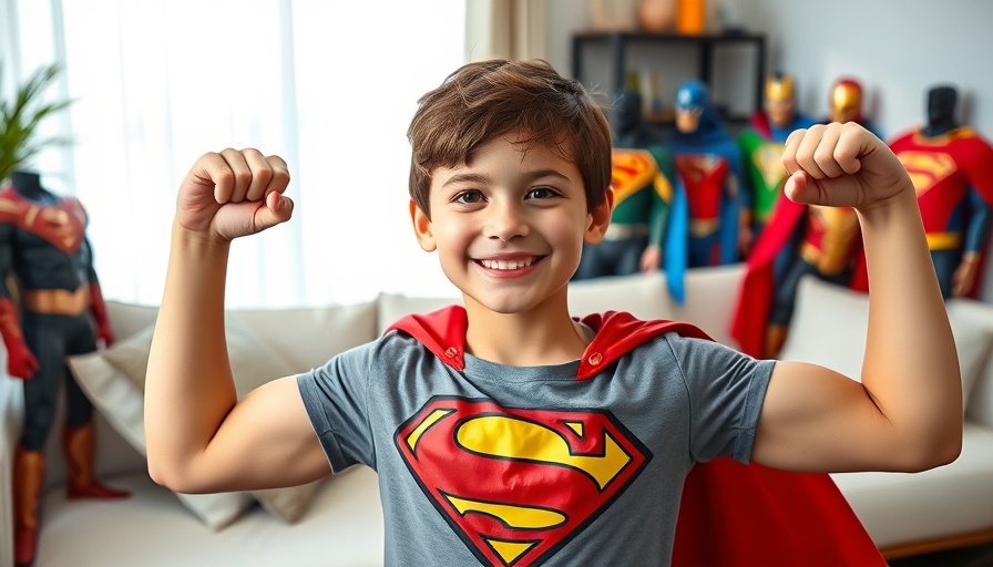 Kid superhero helps everyone, young child superhero flexing confidently, vibrant costumes in background.