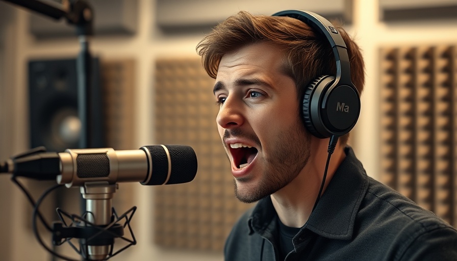 Expressive speaker discussing in a soundproof studio.
