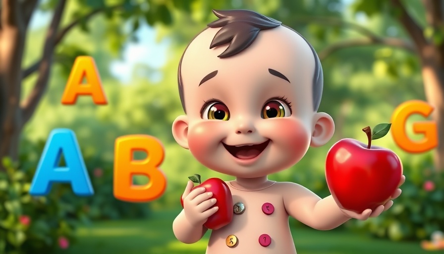 Children Fun cartoon baby with apple and ABC letters in park.