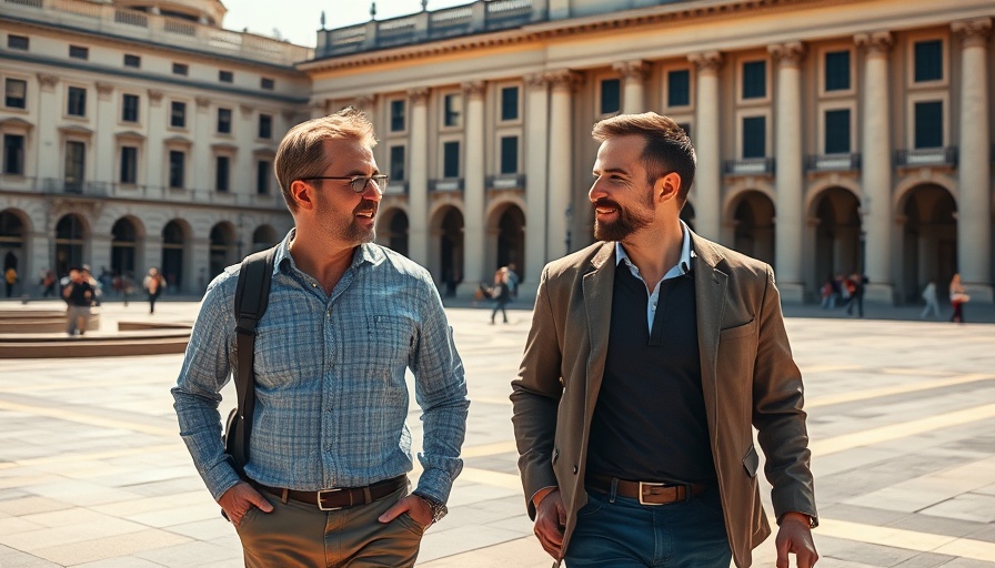 Two men exploring a historical plaza on an LGBTQ+ culture tour.