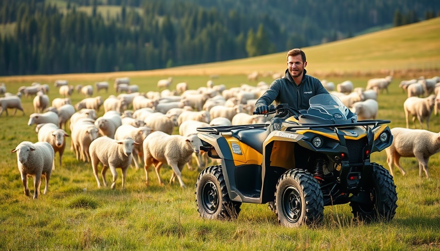 Rider on Can-Am Outlander Electric ATV in lush field with sheep.
