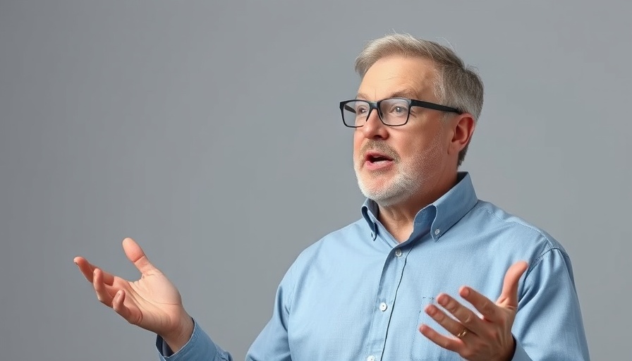 Middle-aged man explaining with gestures in a video.
