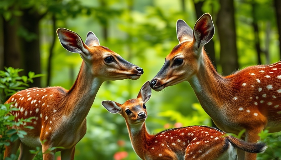 Doe and fawn in forest, related to Chronic Wasting Disease transmission.
