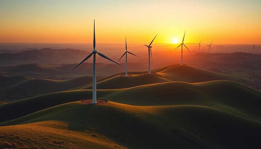 Osapiens Hypergrowth landscape with wind turbines at sunset.