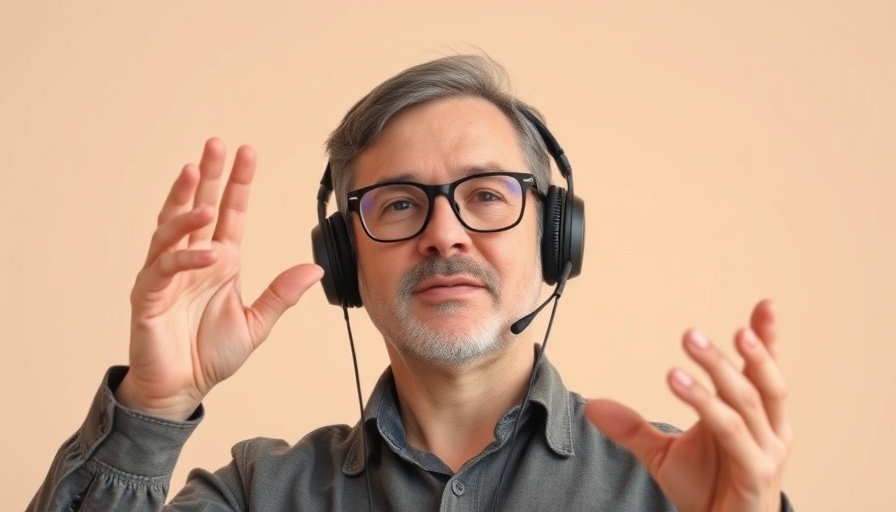 Man with glasses and headphones gesturing confidently.