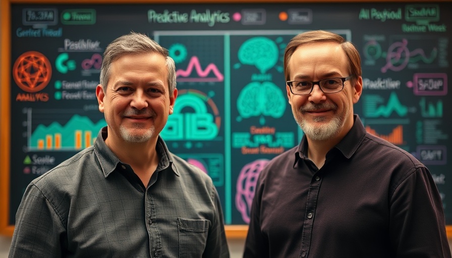 Two men discussing AI fraud detection in front of a chalkboard with diagrams.