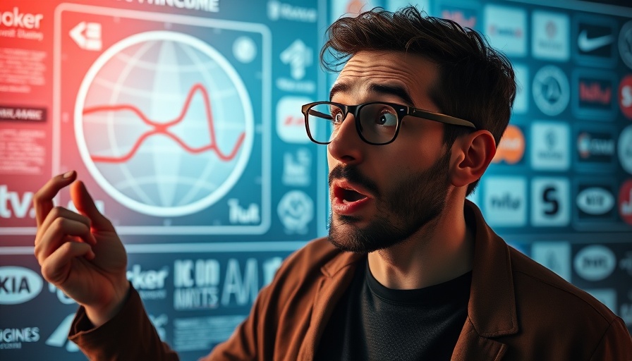 Expressive man in front of futuristic diagram discussing content optimization.