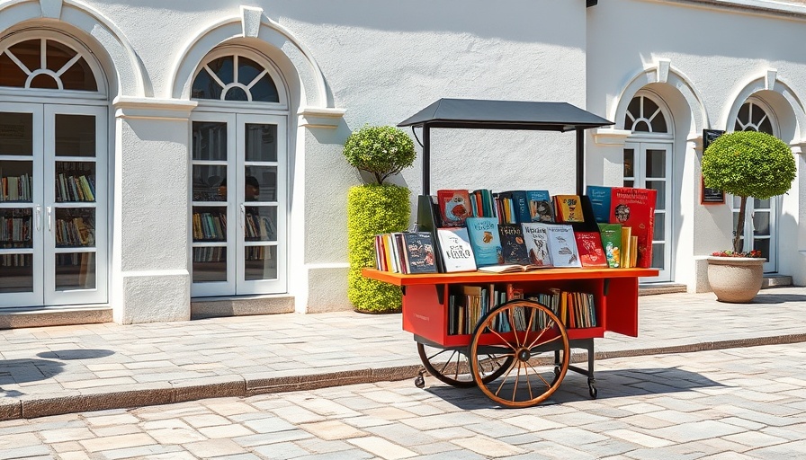 Outdoor book cart display, colorful books inviting exploration.