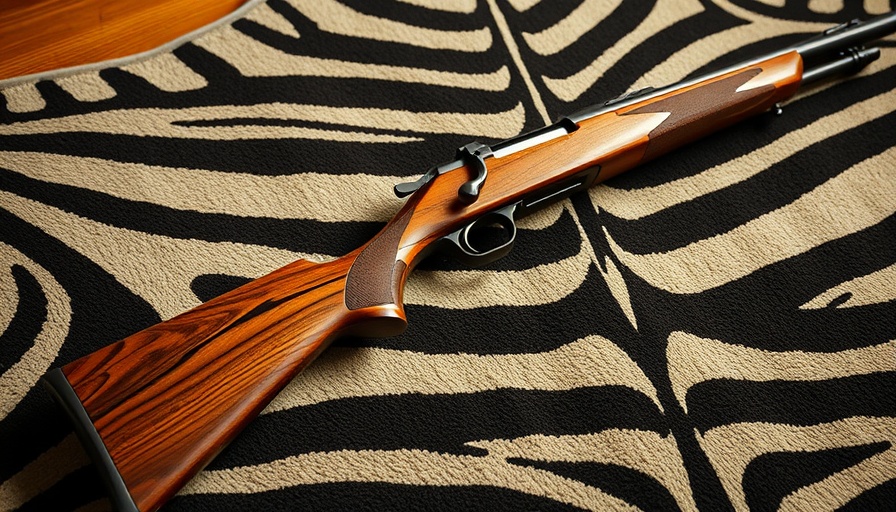 Elegant Rigby Highland Stalker rifle on zebra rug with detailed craftsmanship.