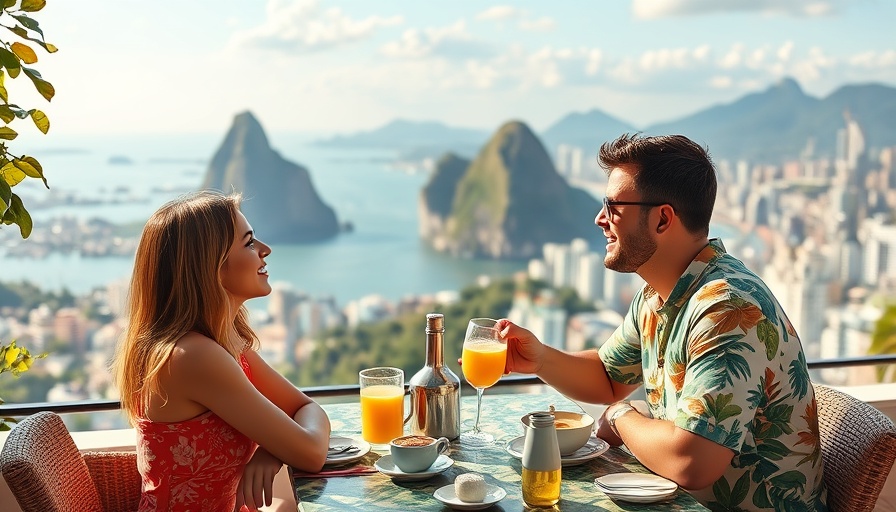 Panoramic breakfast view in Rio de Janeiro, cityscape in background.