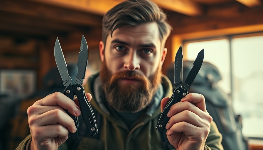 Bearded man holding Leatherman knives, curious expression, indoors.