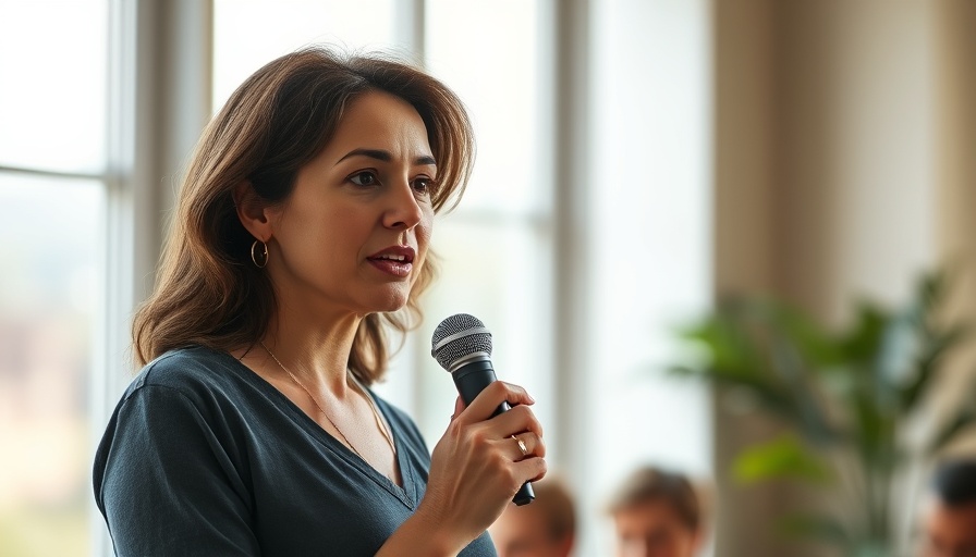 Woman discussing healthcare literacy with a microphone indoors.
