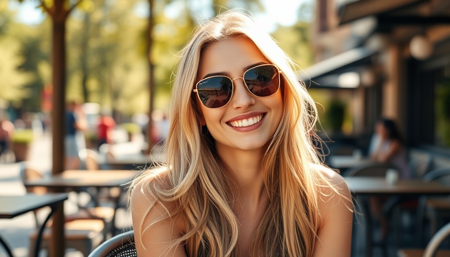 Smiling woman at an outdoor cafe discussing Amazon clothes prices.