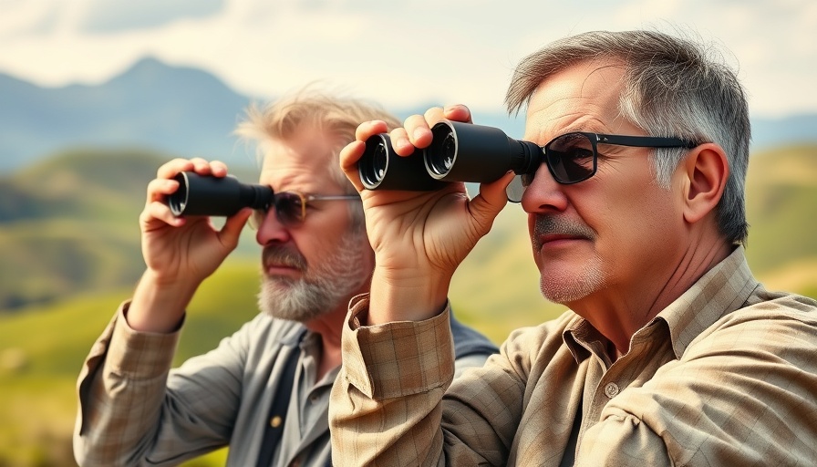 Hunters observing landscape with binoculars.
