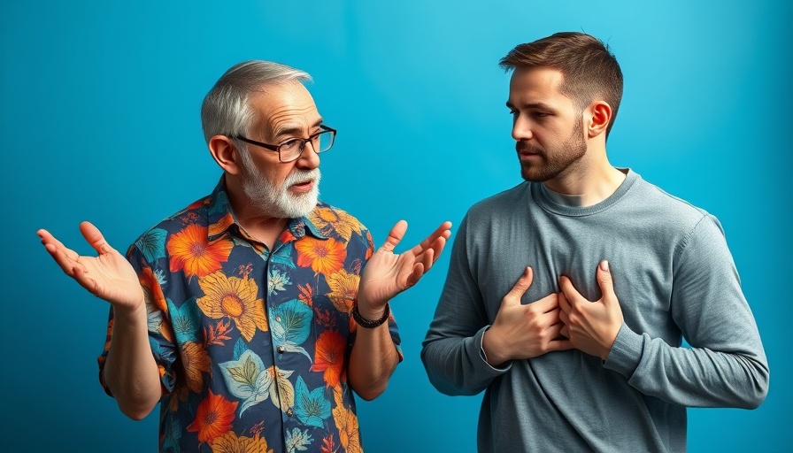 Heart palpitations remedy: concerned man in colorful shirt and younger man with chest pain.