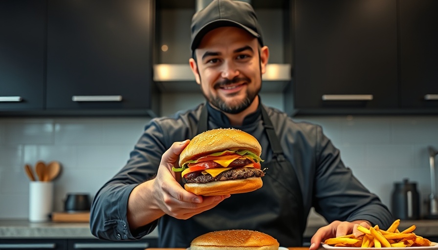 Chef preparing a burger in a modern kitchen, showcasing cooking skills.