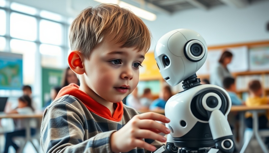 Child exploring coding with a robot in a modern school.