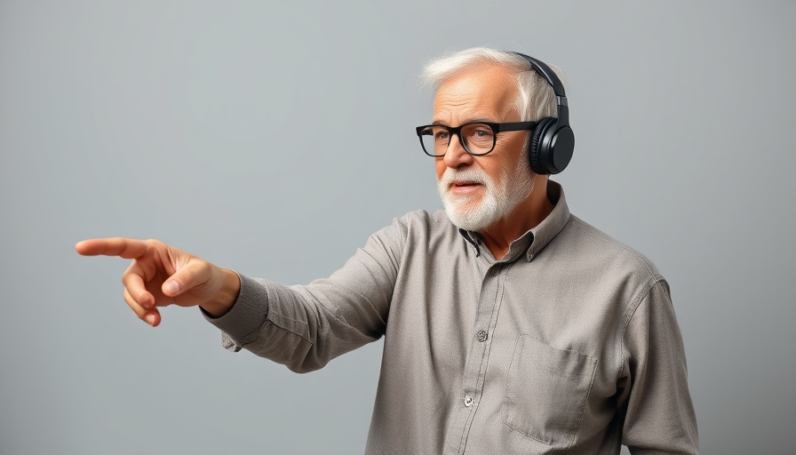 Older man in glasses and headphones pointing, neutral background.
