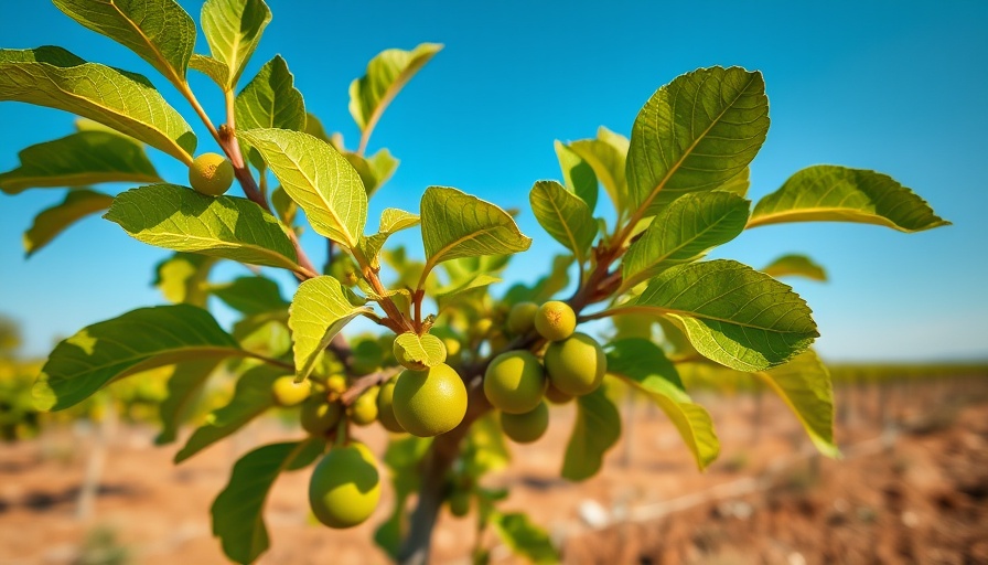 Young fig tree with leaves and small figs in sunlight, planting Iranian figs.