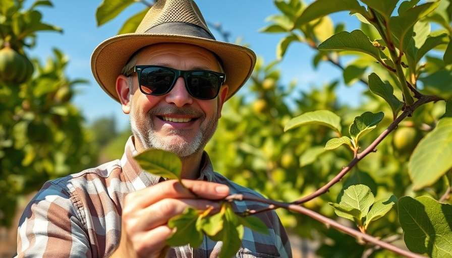 Man in hat and sunglasses planting fresh figs in orchard.