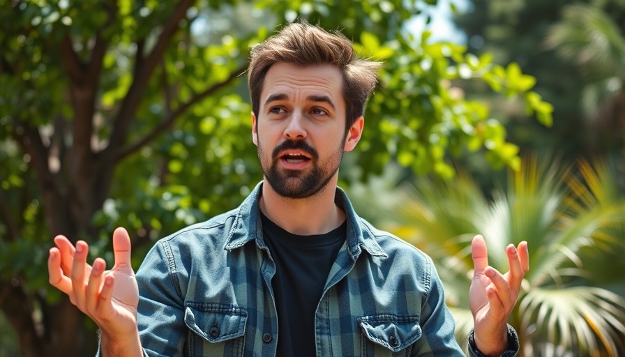 Man discussing onion growing mistake outdoors with enthusiasm.