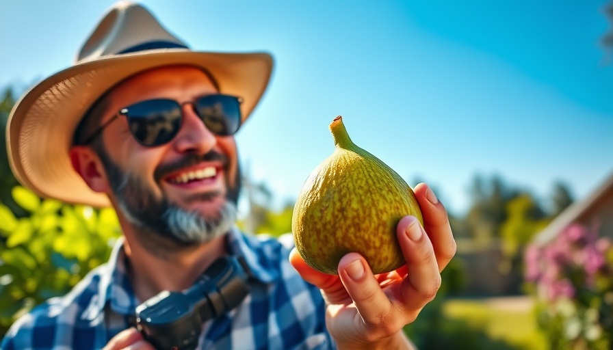 Man enjoys the outdoors with a fig in hand, promoting fig taste enhancement.