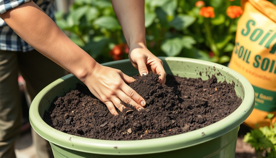 Gardener preparing nutrient-rich soil in a green planter.