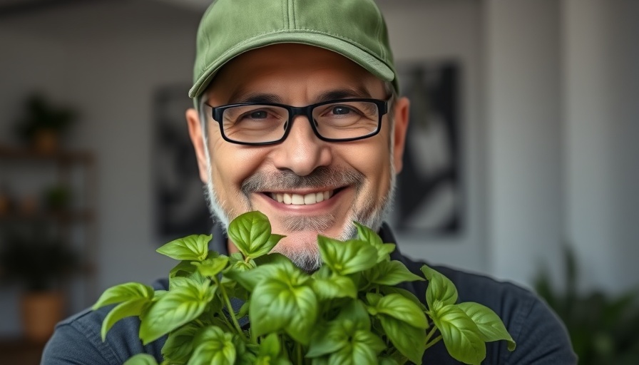 Grow your largest basil bush in an indoor setting with a smiling man.