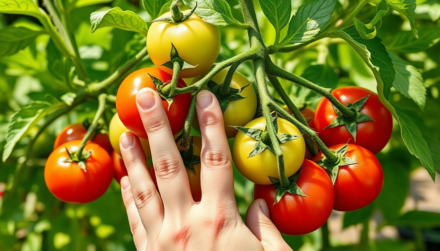 Ripening tomatoes faster with hand checking ripeness in garden