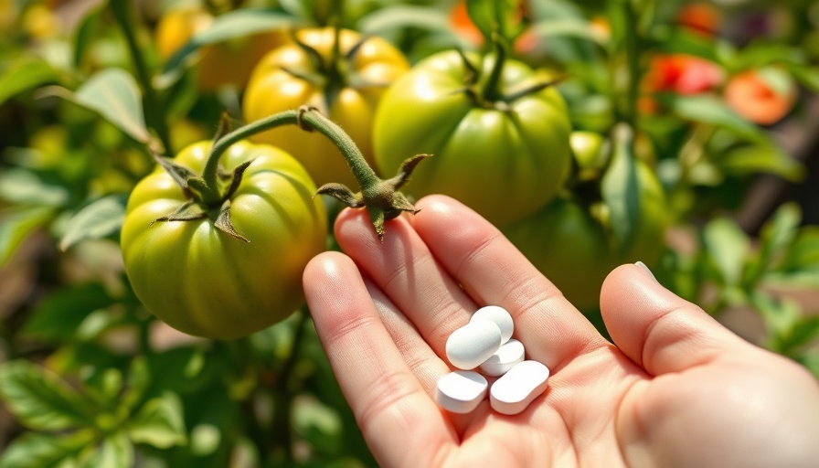 Exploring aspirin benefits for tomato plants with green tomatoes and tablets.