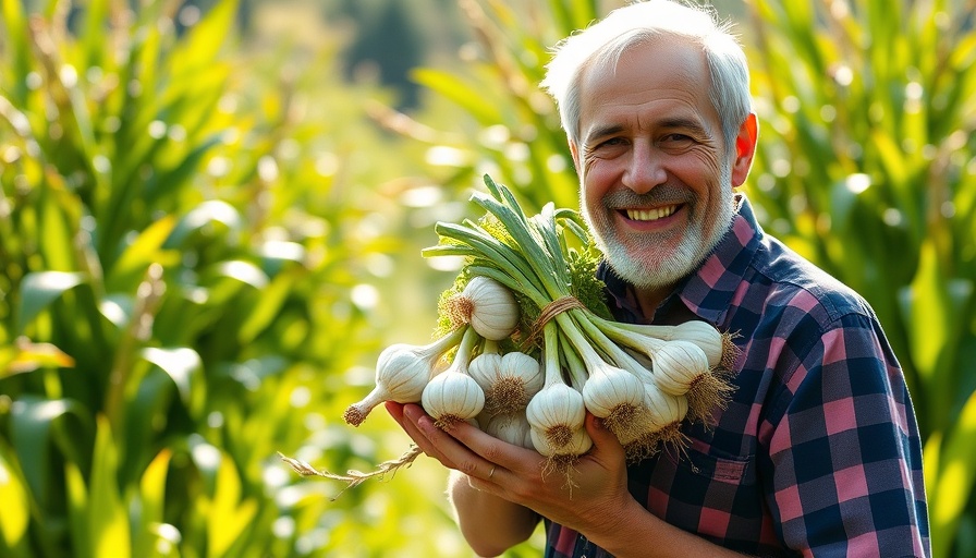 Man showcasing garlic harvest with gardening tips.
