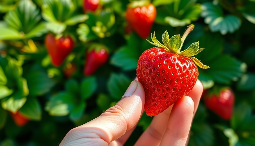 Strawberry after harvest care: Holding a ripe strawberry in the garden.