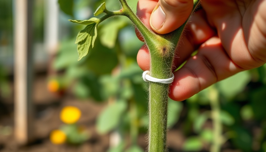 Close-up of tomato plant stem being staked with a tie