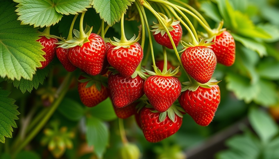 Vibrant strawberries growing in lush garden, showcasing growth tips.