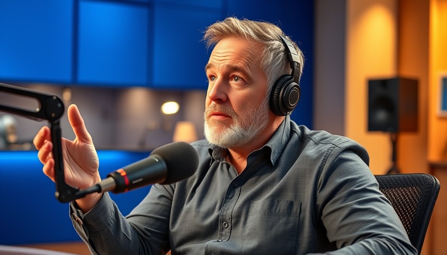 Middle-aged man in a blue-themed podcast studio discussing ideas.