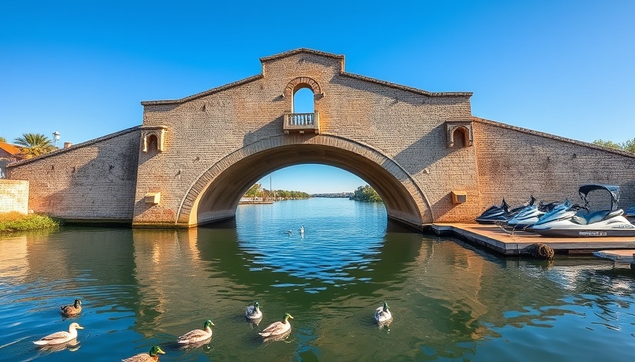 Scenic bridge over Arizona waterway with ducks and boats, ideal Arizona travel destination.