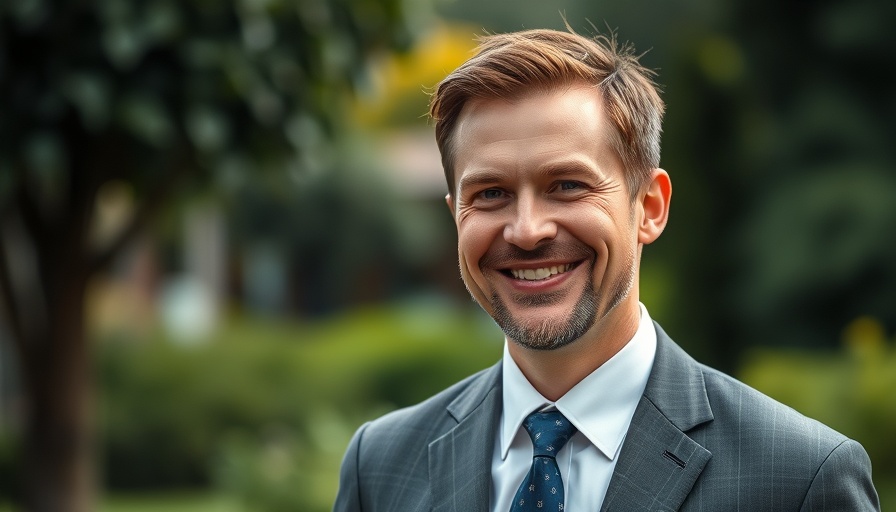 Smiling man outdoors with a blurred garden background.