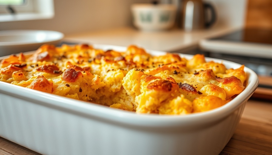 Hash brown breakfast casserole in white dish, kitchen setting.